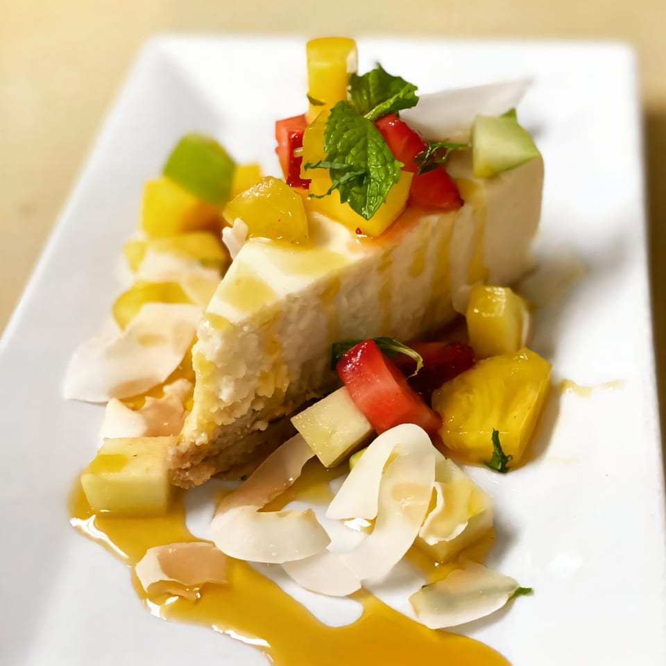 Slice of cheesecake topped with mango, strawberries, mint, and coconut flakes, drizzled with sauce.