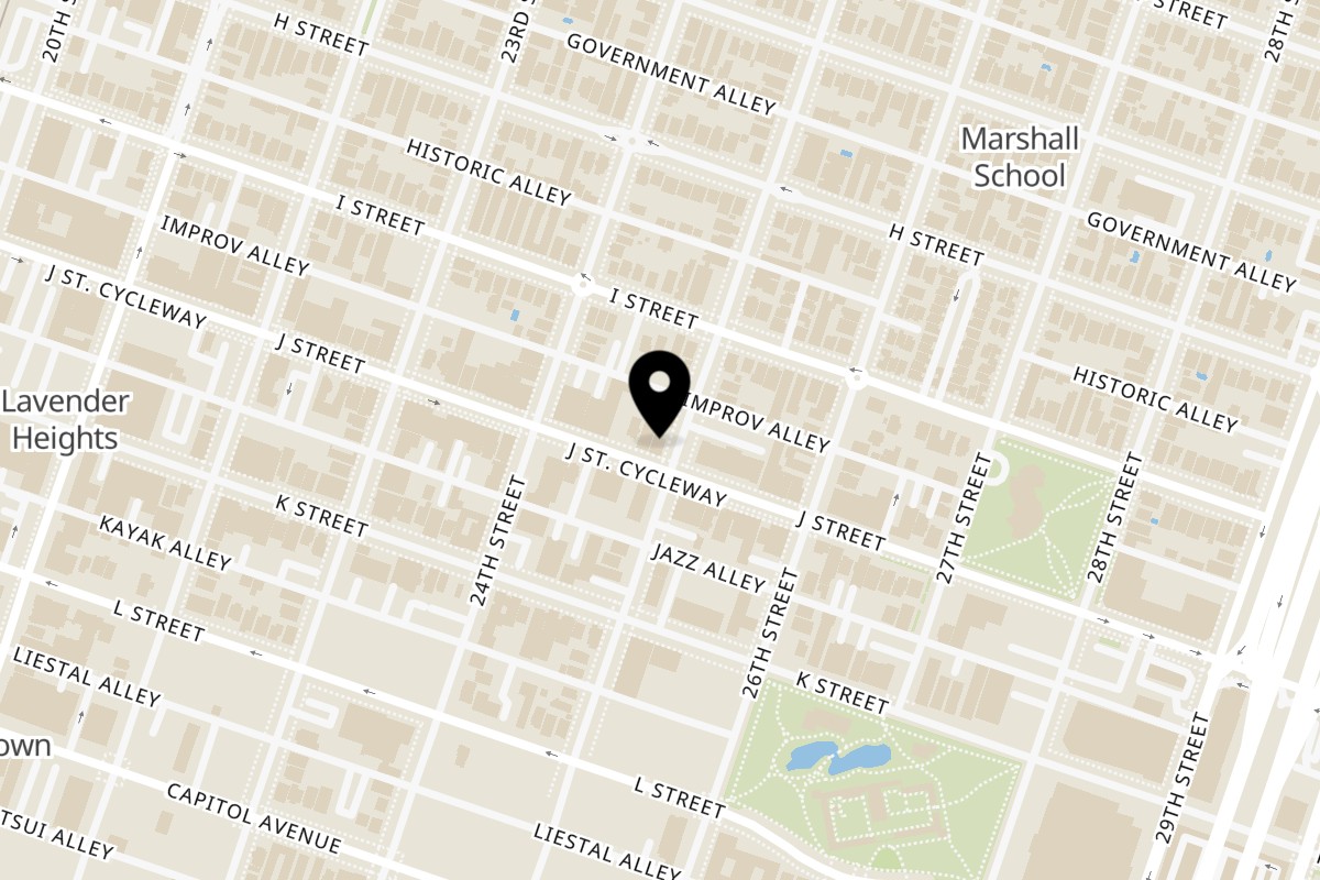 Map showing the location of Thai Basil on 2431 J St in Sacramento